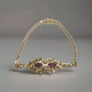 Vintage 14K Yellow Gold Bracelet with 2 Marquise Rubies and 2 Diamonds 7 " 5.9g